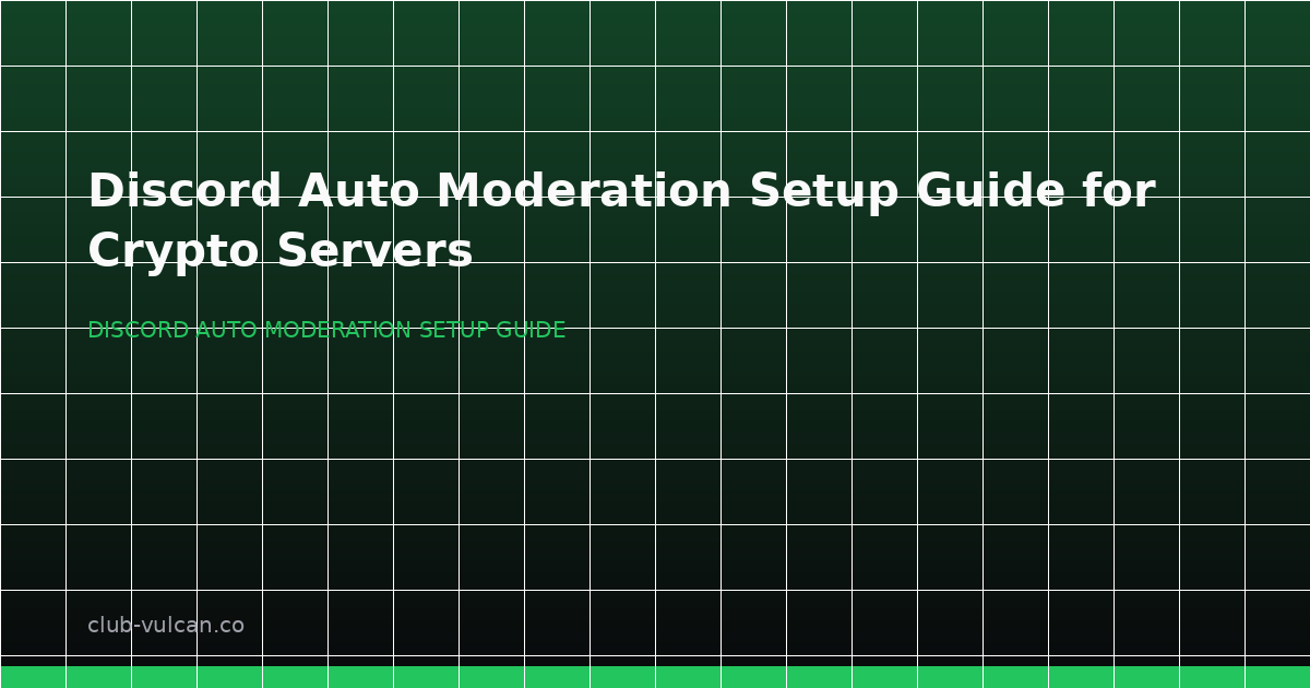 Hero illustration for a Discord auto moderation setup guide showing crypto server controls, alerts, and quarantine routing