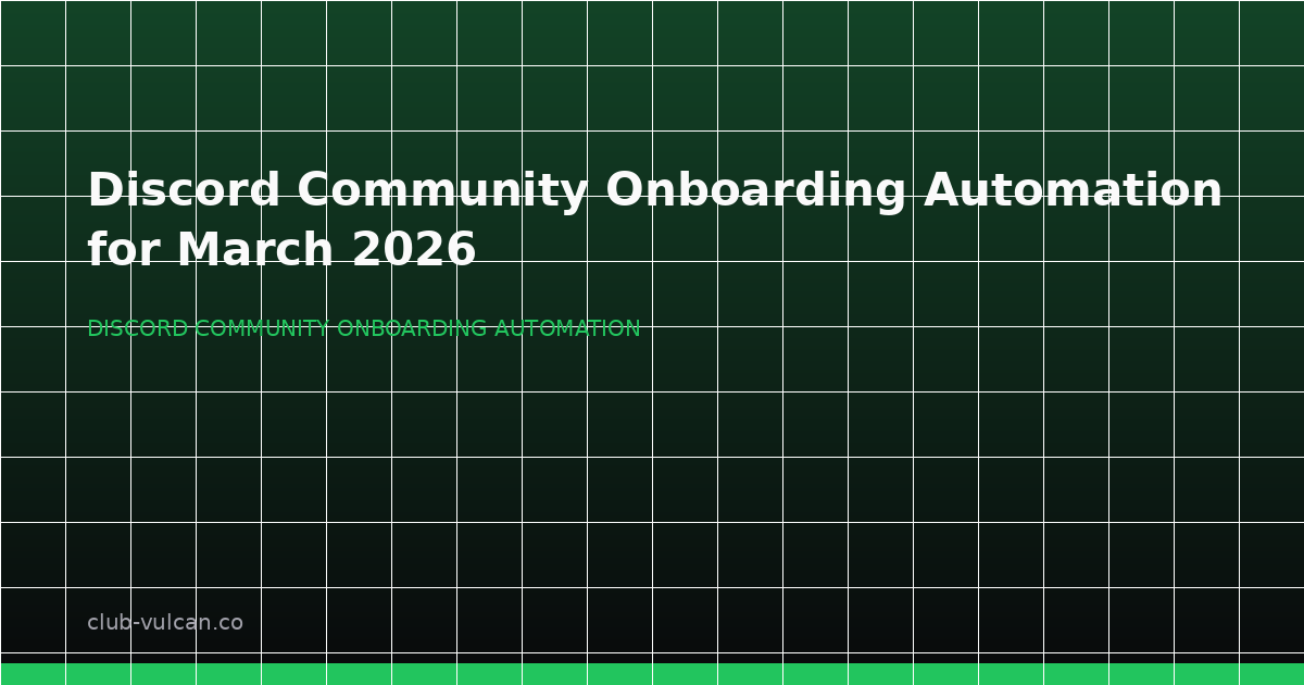 Discord community onboarding automation workflow showing welcome, verification, and role routing for March 2026